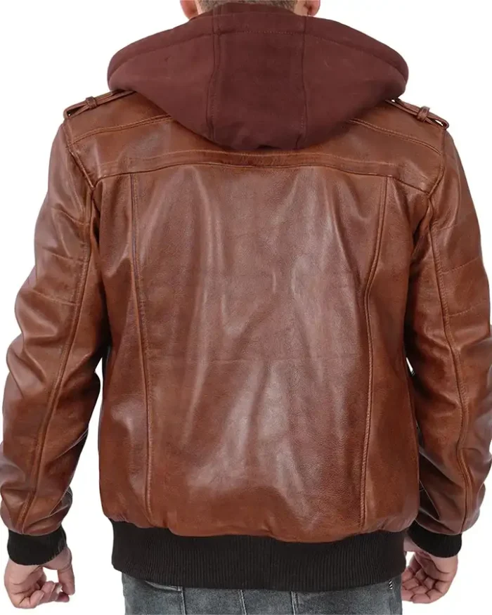 Mens and Womens Biker Bomber Brown Leather Hooded Jacket