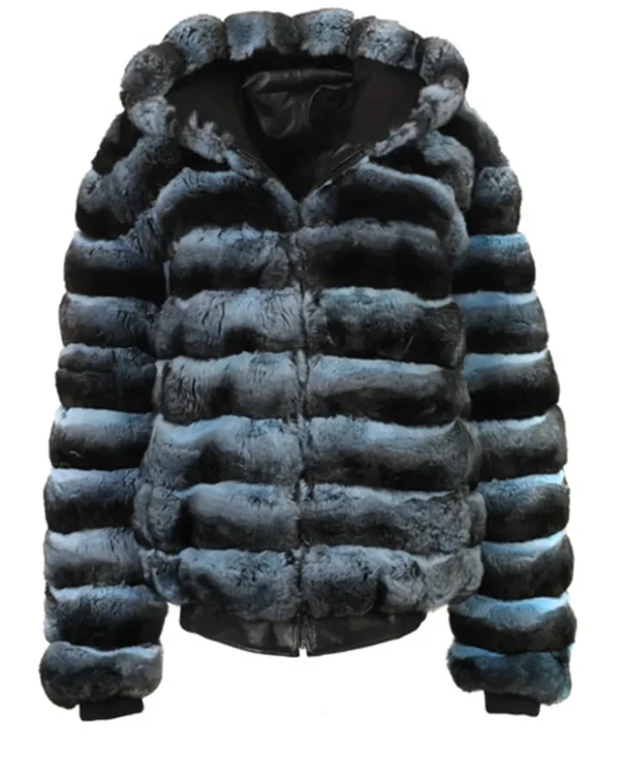 Mens Blue and Black Chinchilla Fur Hooded Bomber Jacket