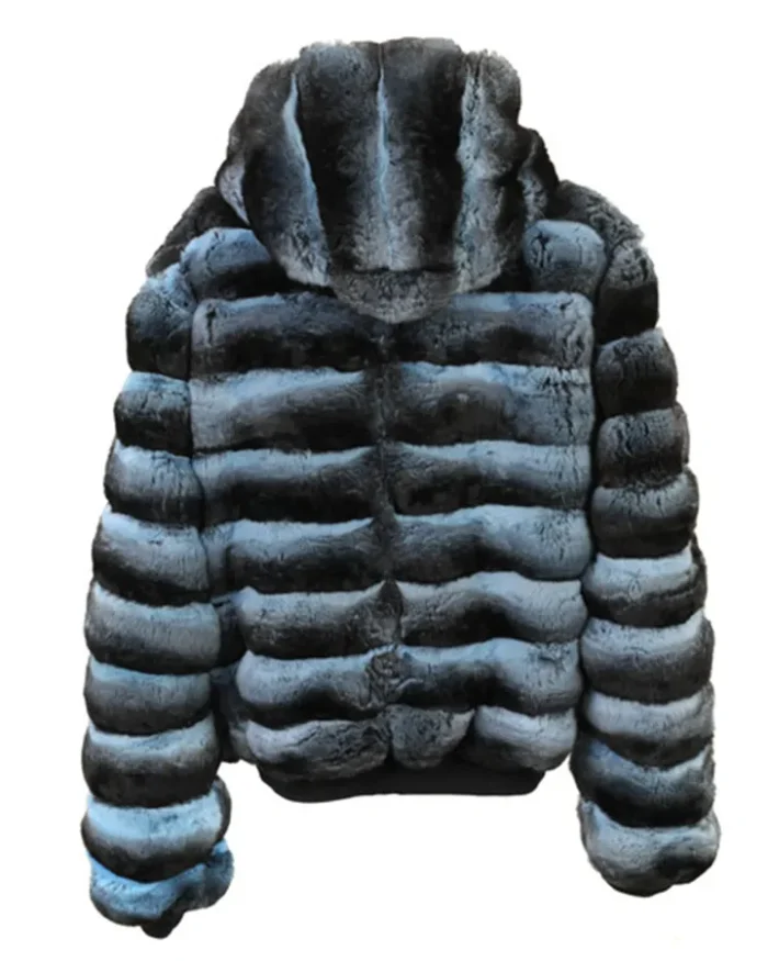 Mens Blue and Black Chinchilla Fur Hooded Bomber Jacket