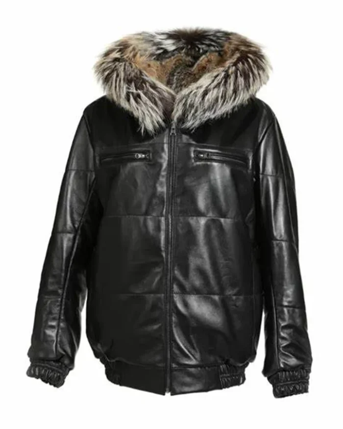 Reversible Black Leather Fox Fur Bomber Hood Jacket