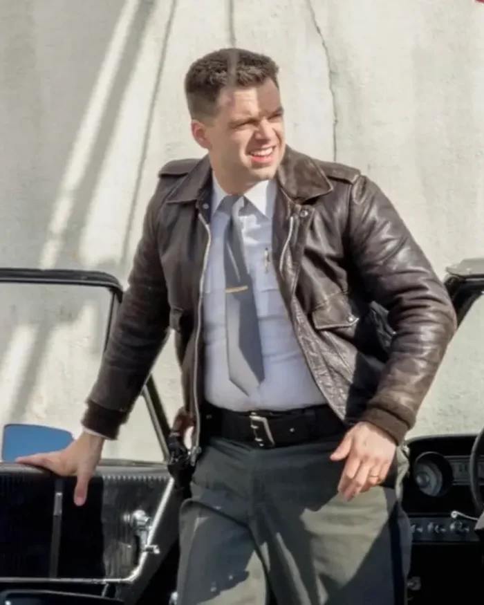 Sebastian Stan The Devil All the Time Brown Bomber Leather Jacket