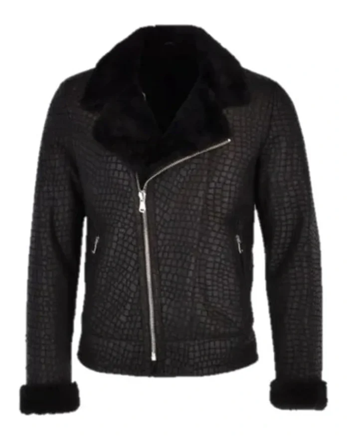 Torres Black Snake Pattern Fur Collar Biker Jacket