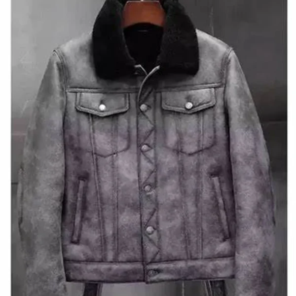  Dustin Grey Black Shearling Fur Trucker Jacket