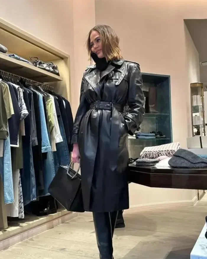 NYC Chrissy Teigen Black Leather Trench Coat