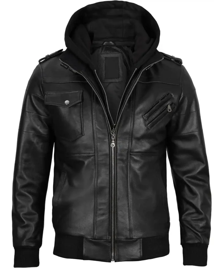 Kevin Hooded Genuine Leather Black Bomber Jacket