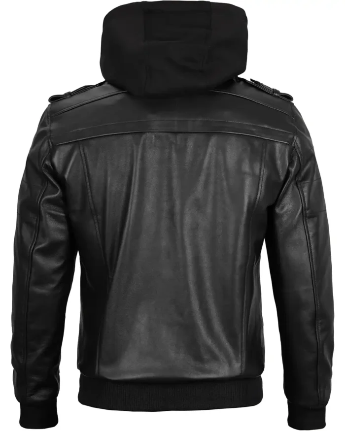 Kevin Hooded Genuine Leather Black Bomber Jacket