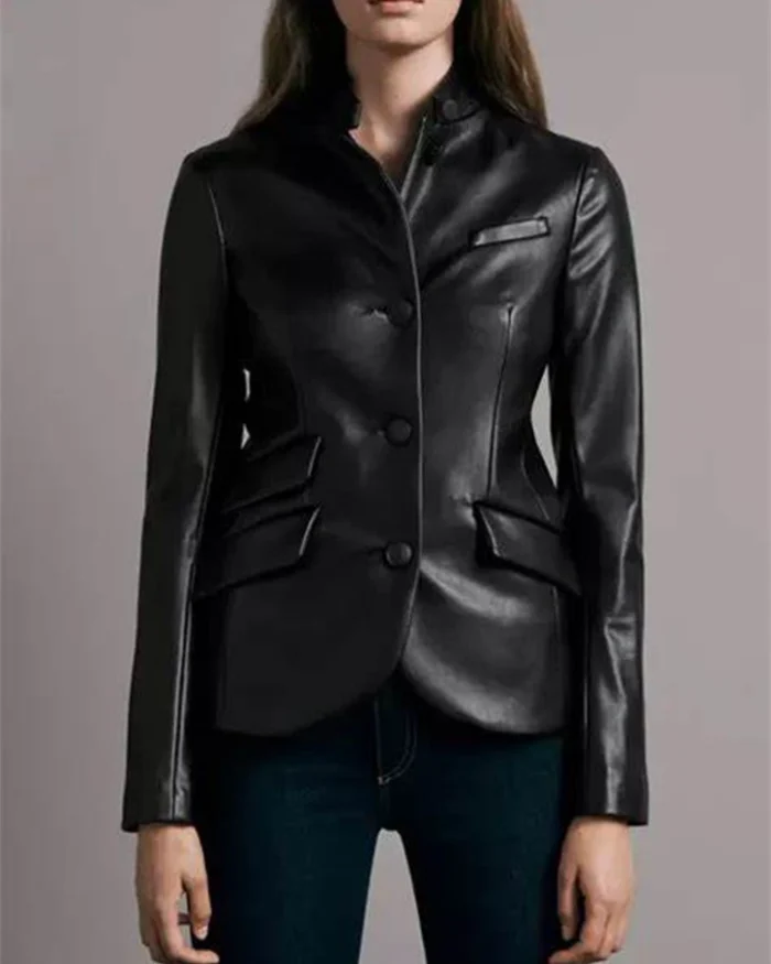 SMya Braun lade Slim Black Leather Coat