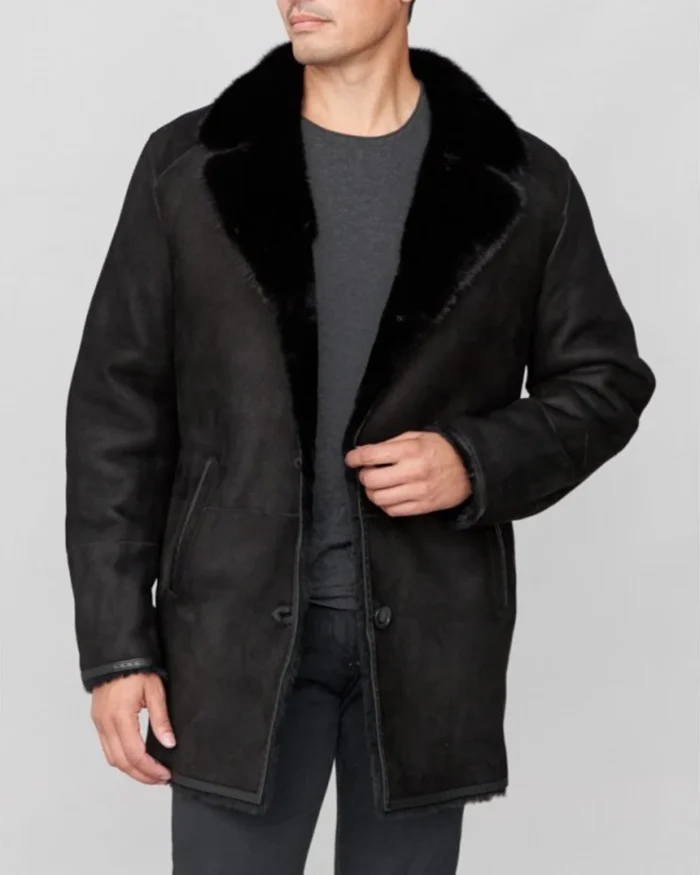 Marcus Shearling Fur Collar Black Sheepskin Coat