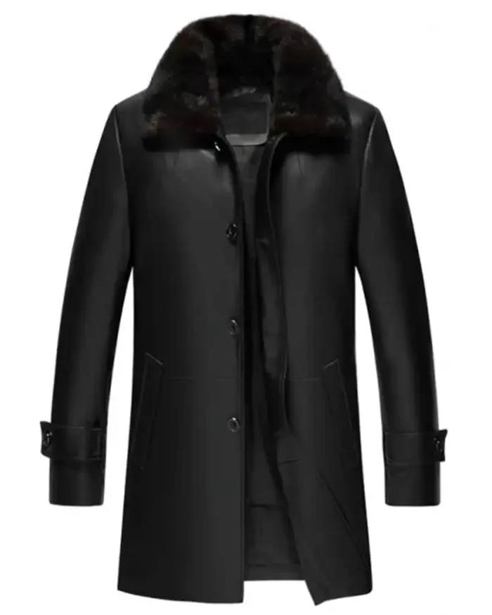 Mens Real Lambskin Leather Black Sherpa Mid Length Coat