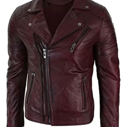 Mens Classic Aged Cintree Cut Diagonal Burgundy Biker Jacket