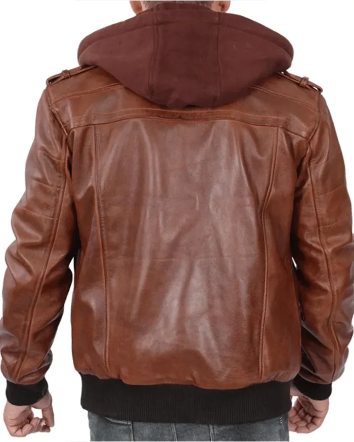 Mens Vintage Brown Cafe Racer Detach Hood Bomber Jacket