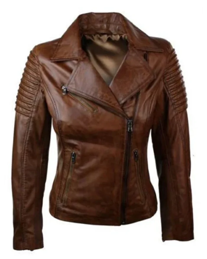 Women Real Leather Waxed Brown Slim Fit Biker Jacket