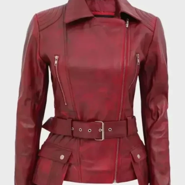  Women’s Distressed Burgundy Biker Front Zipper Closure Jacket