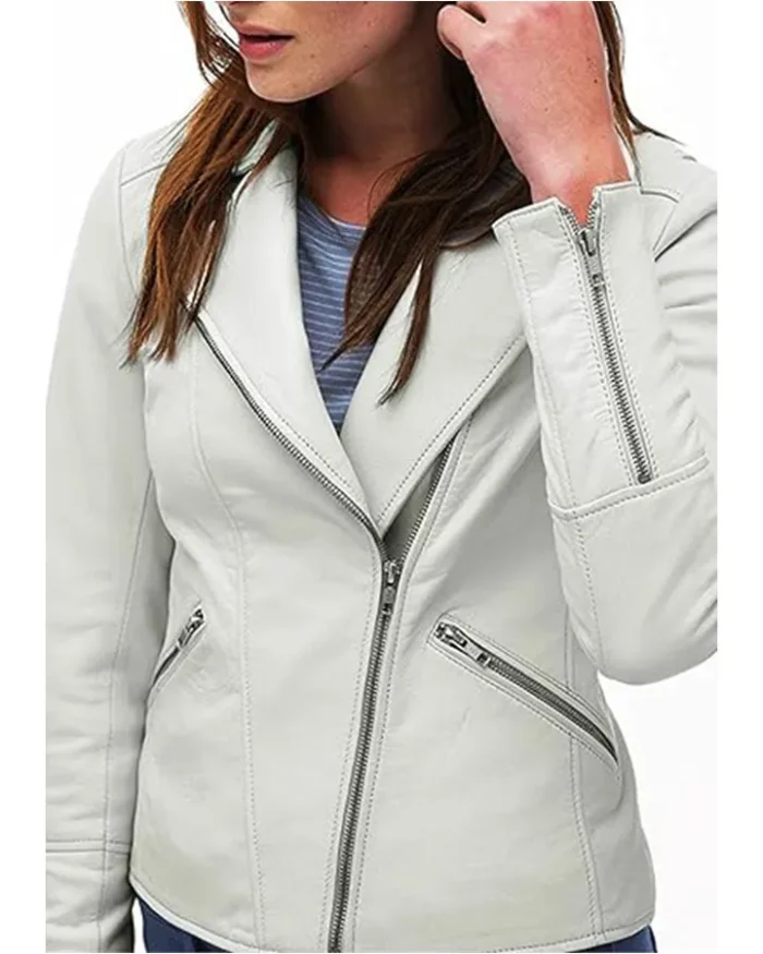 Womens Soft Lambskin White Asymmetrical Biker Leather Jacket