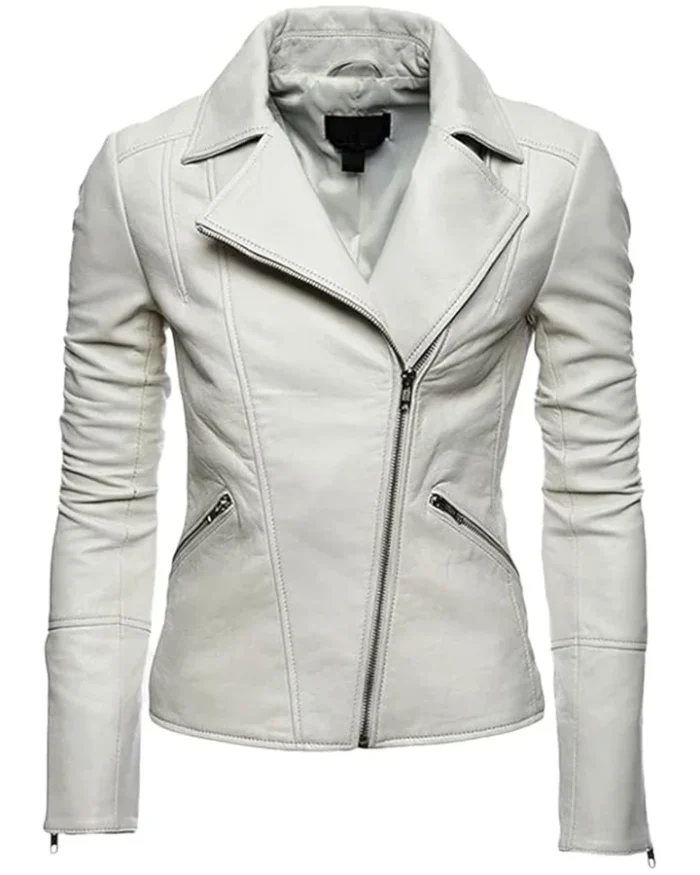 Womens Soft Lambskin White Asymmetrical Biker Leather Jacket