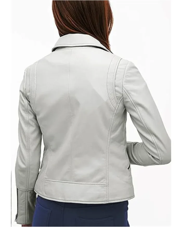 Womens Soft Lambskin White Asymmetrical Biker Leather Jacket