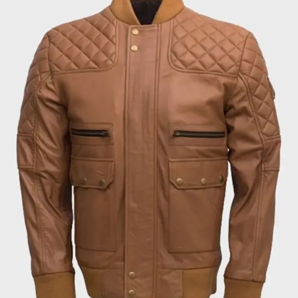 Men's Quilted Tan Brown Sheepskin Leather Jacket