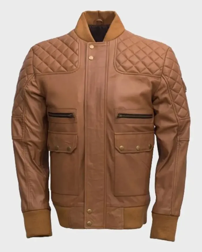 Men’s Quilted Tan Brown Sheepskin Leather Jacket