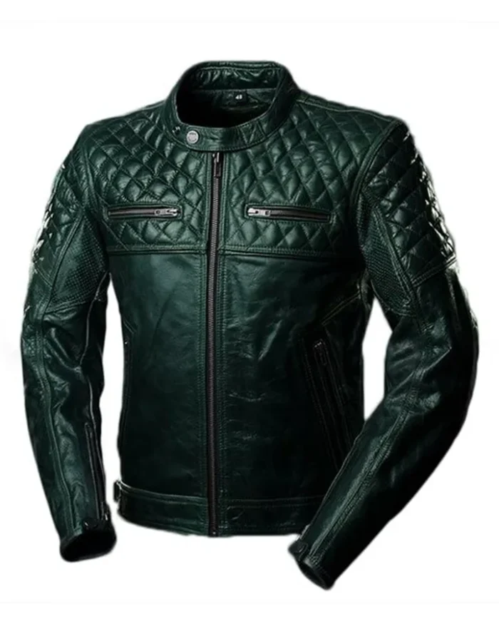 Mens Quilted Cafe Racer Biker Sheepskin Leather Jacket