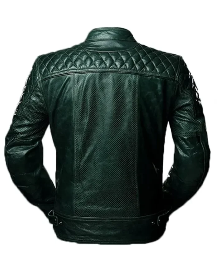 Mens Quilted Cafe Racer Biker Sheepskin Leather Jacket