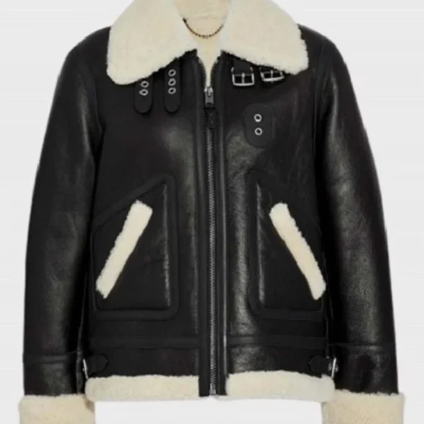 Casey Aviator Ivory Belted Cuffs Shearling Jacket