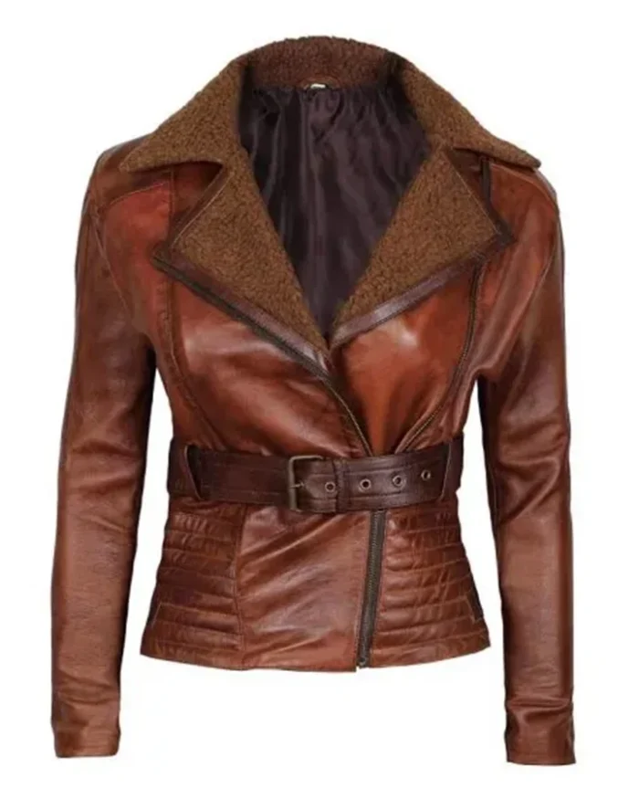 Cassandra Shearling Leather Brown Winter Jacket