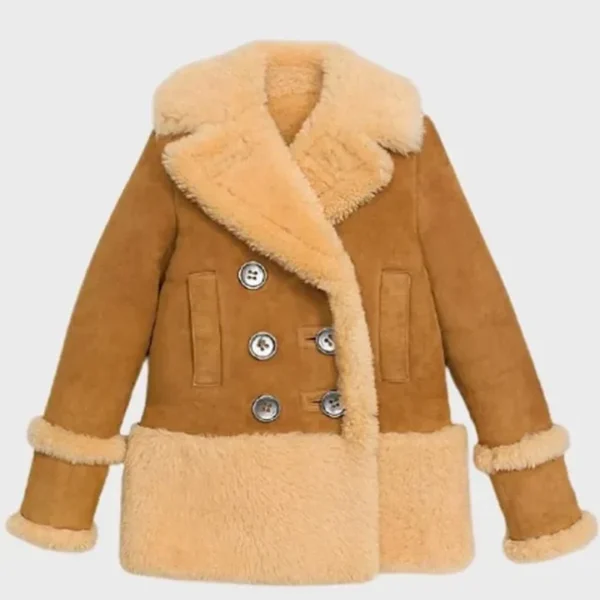 Catherine Brown Suede Leather Shearling Fur Pea Coat