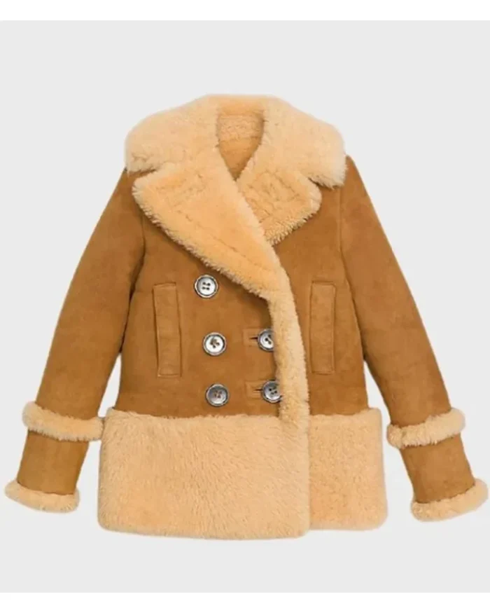 Catherine Brown Suede Leather Shearling Fur Pea Coat