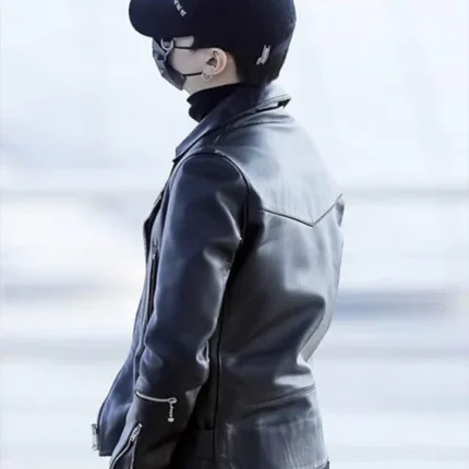 BTS Suga Black Biker Asymmetrical Zipper Leather Jacket