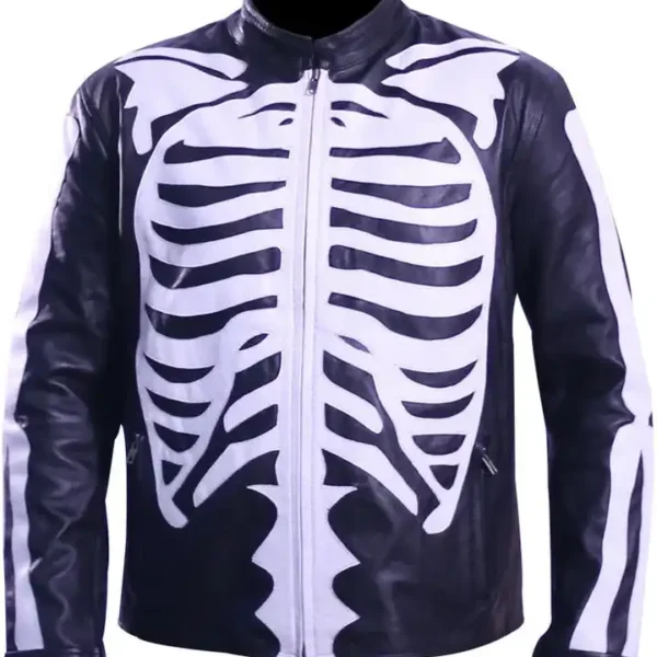  Halloween Skeleton Print Black Leather Jacket