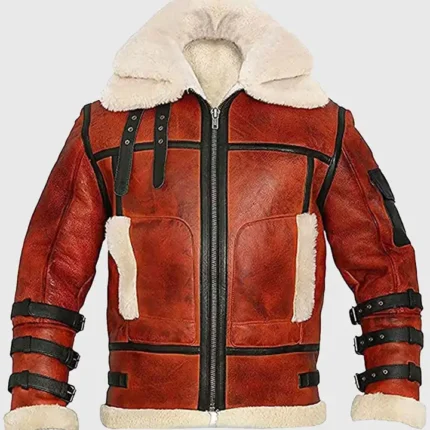 Pry Double Collar B-3 Shearling Red Leather Aviator Jacket