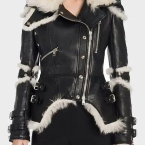  Leah Black Sheepskin Shearling Biker Jacket