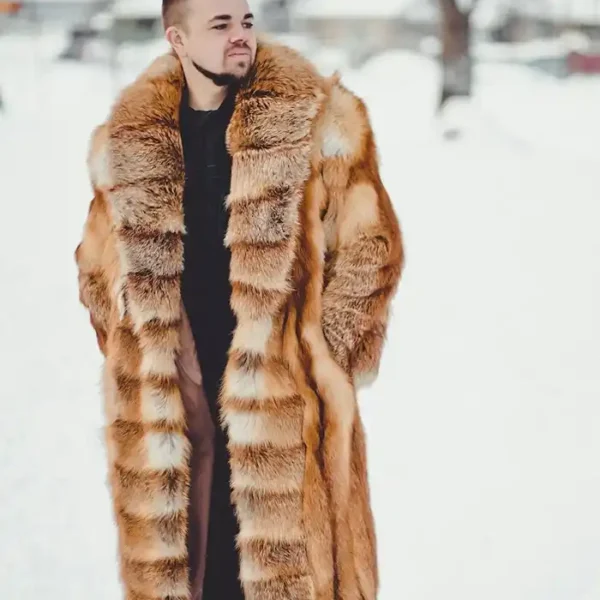Men’s Real Red Fox Fur Oversized Brown Warm Coat
