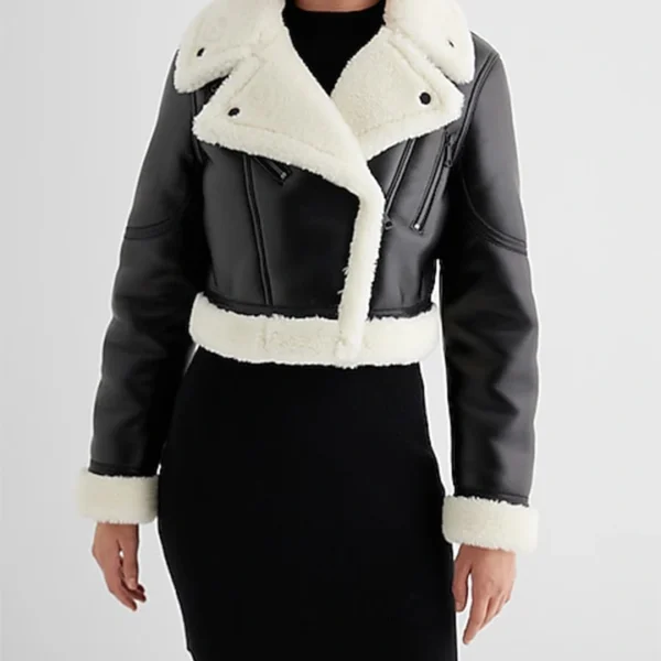 Genuine Leather Sherpa Lined Cropped Moto Jacket