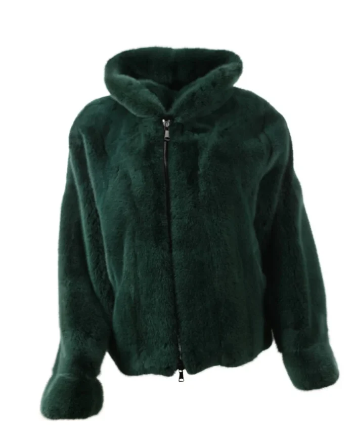 Mens All Green Mink Fur Bomber Jacket With Hood