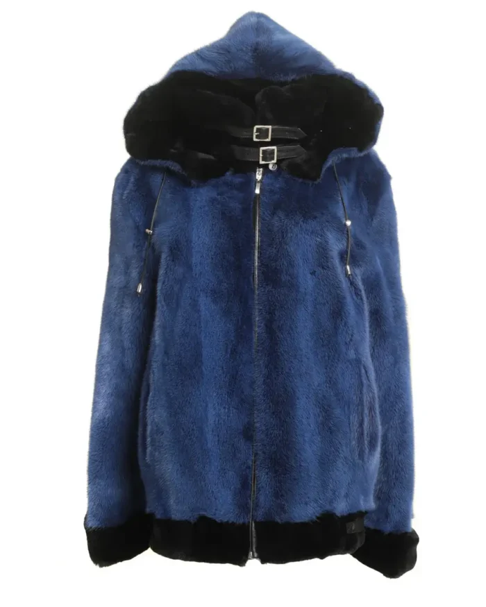 Mens and Womens Blue Hooded Mink Fur Jacket