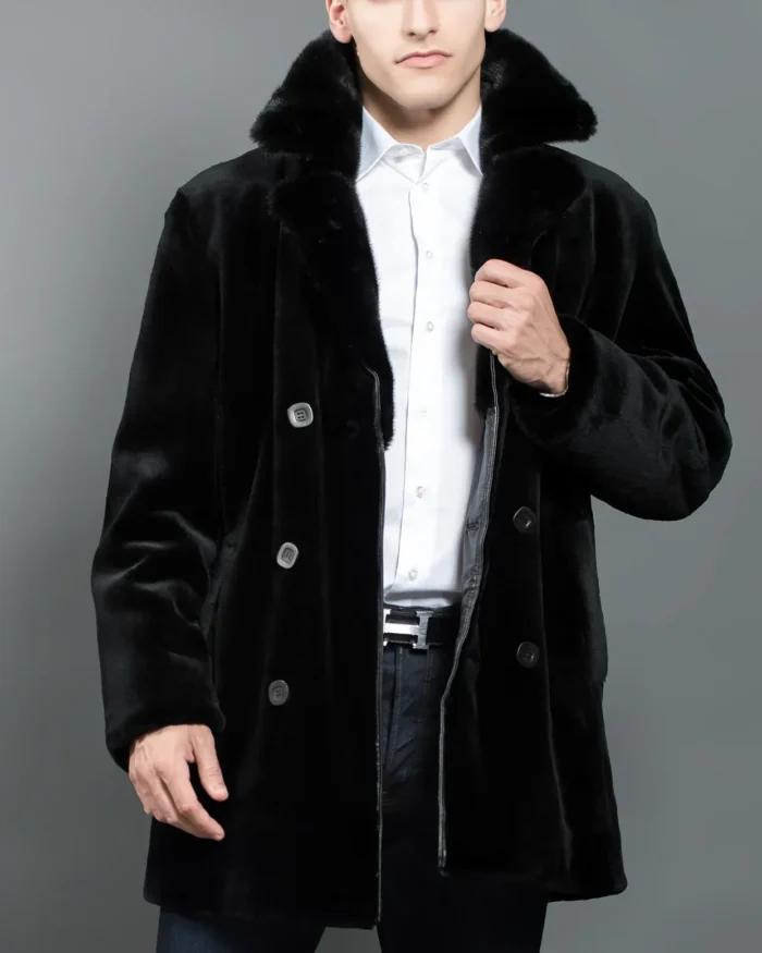 Mens Black Mid Length Mink Fur Soft Coat