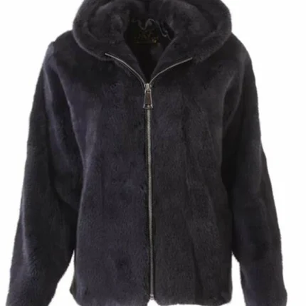 Mens Black Mink Fur Bomber Hoodie Jacket