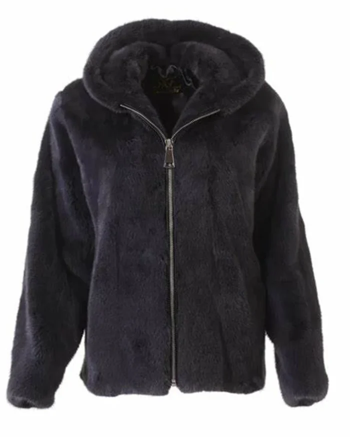 Mens Black Mink Fur Bomber Hoodie Jacket