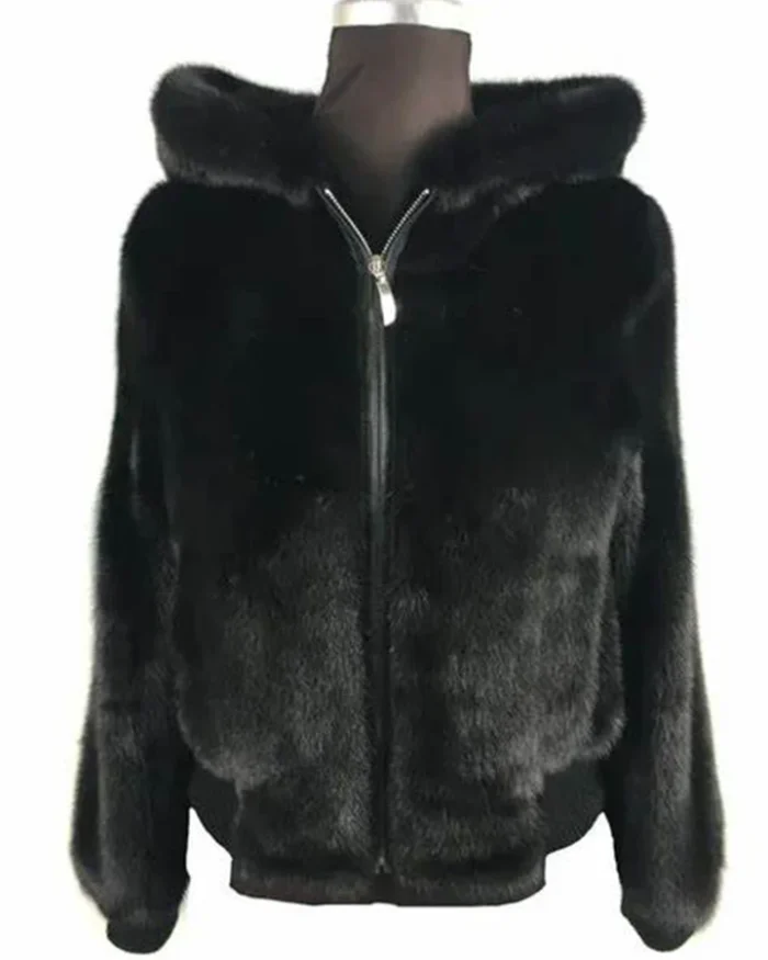 Mens Black Mink Fur Hooded Bomber Jacket