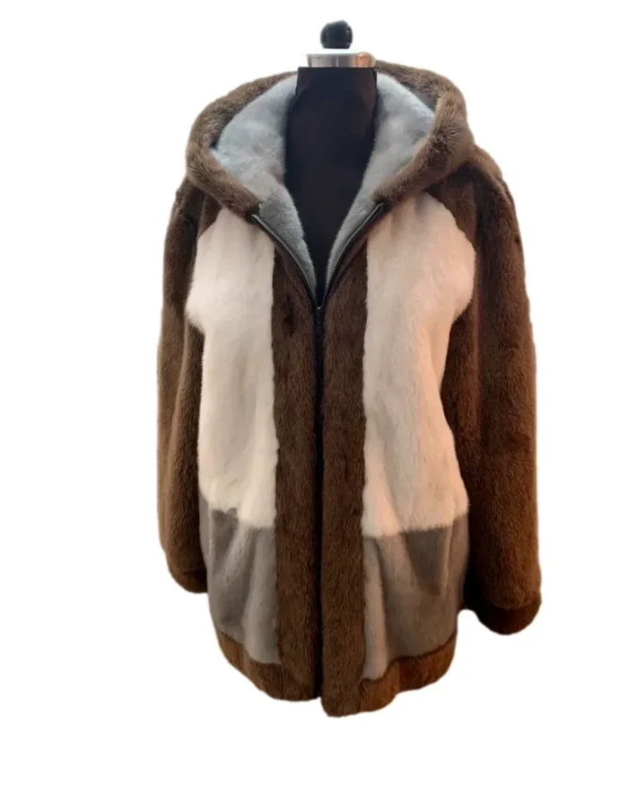 Mens Brown and Beige Colorblock Mink Fur Jacket