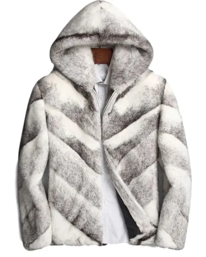 Mens White and Grey Cross Hooded Mink Fur Coat