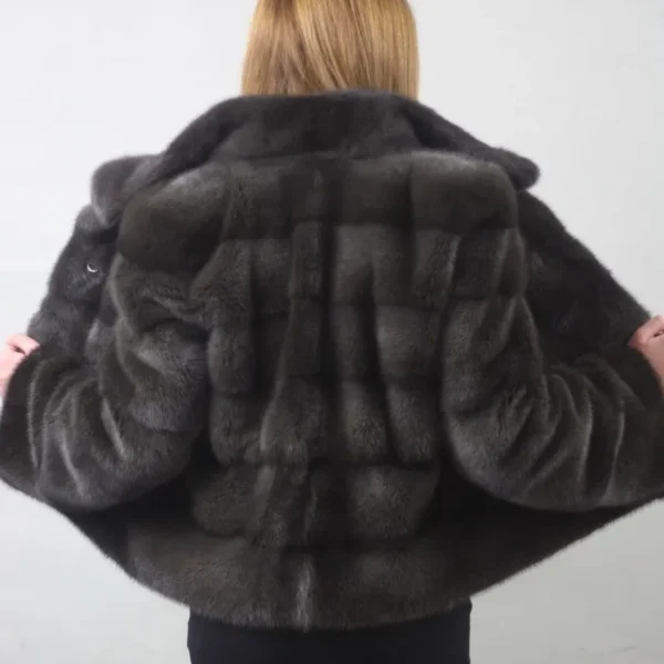 Womens Notched Collar Gray Mink Fur Winter Jacket