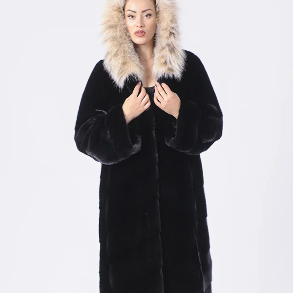  Faux Fur Hooded Black Mink Fur Long Coat
