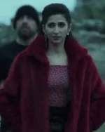 Nairobi Money Heist Fur Collar Maroon Shearling Jacket