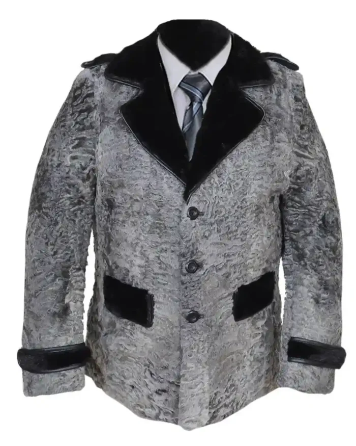 Men Swakara Wavy Mink Fur Straps Collar Gray Coat