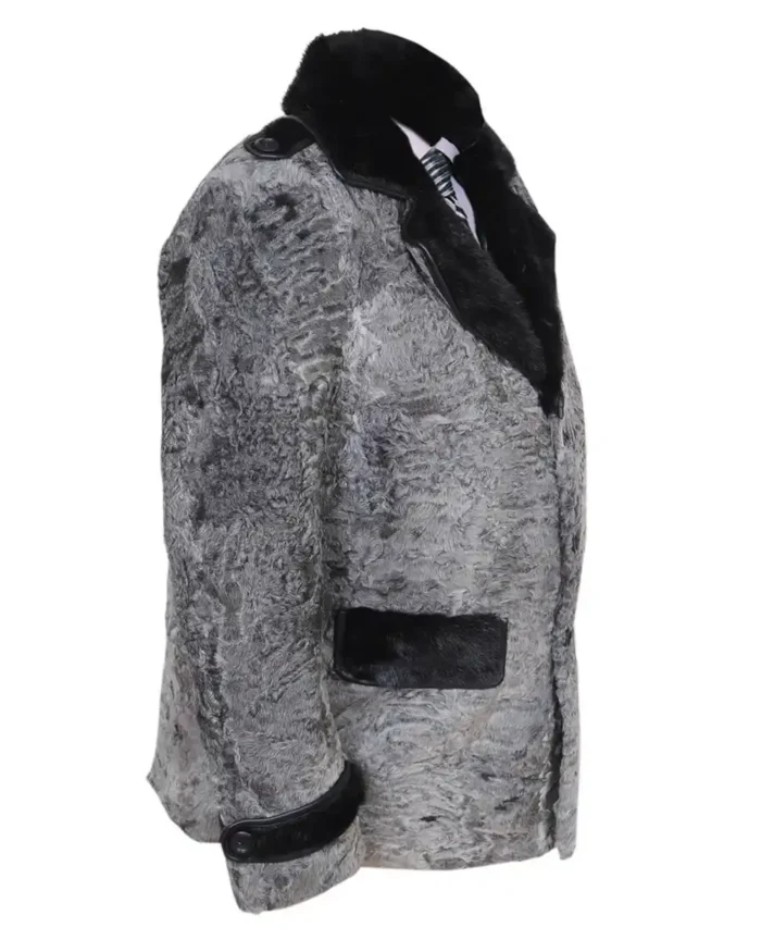 Men Swakara Wavy Mink Fur Straps Collar Gray Coat