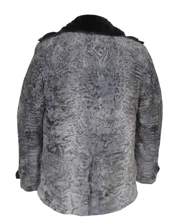 Men Swakara Wavy Mink Fur Straps Collar Gray Coat