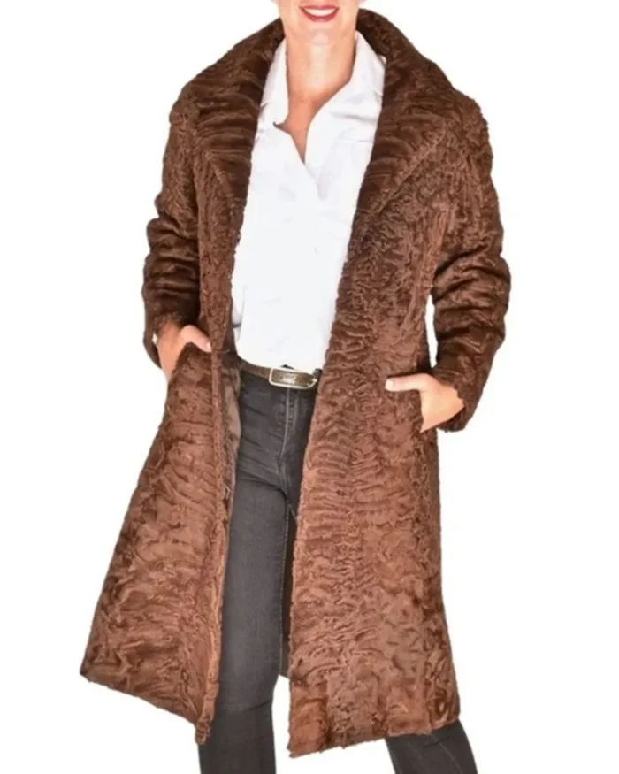 Brown Fox Mink Fur Collar Swakara Lamb Fur Trench Coat