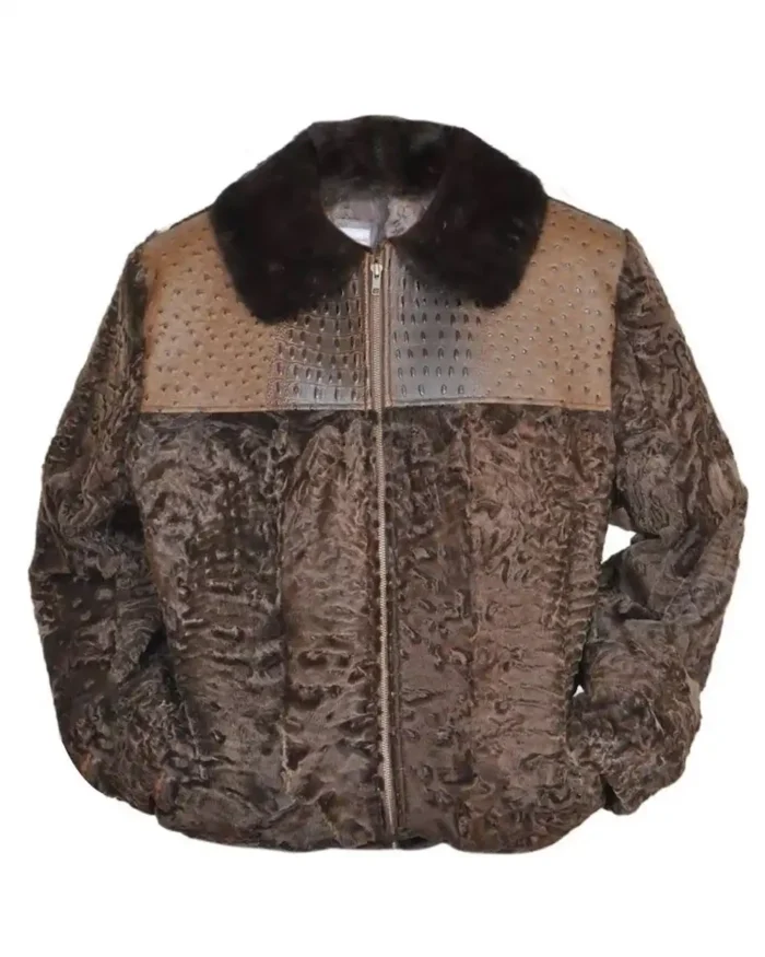 Brown Persian Lamb B3 Bomber Mink Fur Collar Jacket